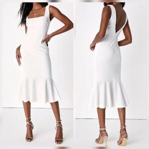 Lulus Moment Maker White Square Neck Trumpet‎ Midi Dress Size M